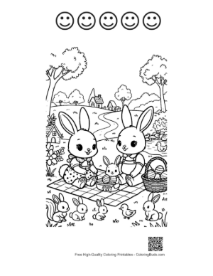 Thumbnail: Cute Bunny Couple Enjoying Outdoor Easter Meal Printable and 5 Happy Face Outline