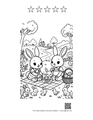 Thumbnail: Cute Bunny Couple Enjoying Outdoor Easter Meal Printable and 5 Star Outline