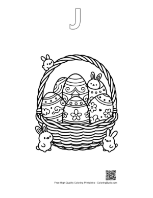 Thumbnail: Easter Basket Overflowing with Patterned Eggs and Birds Printable Outline Alphabet J