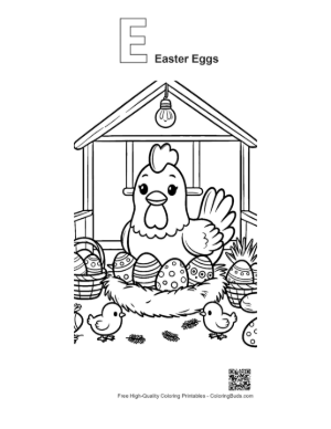 Thumbnail: Farmhouse Chicken with a Nest Full of Easter Treats Printable Outline Alphabet E Easter Eggs