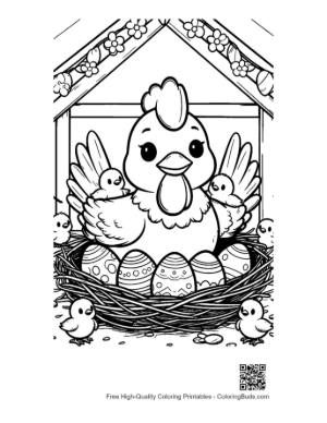 Thumbnail: Mother Hen Guarding Her Nest of Easter Eggs Printable