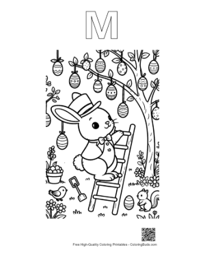 Thumbnail: Playful Bunny Dressing an Easter Egg Tree in the Garden Printable Outline Alphabet M