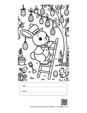Thumbnail: Playful Bunny Dressing an Easter Egg Tree in the Garden Printable with Title and Artist Box
