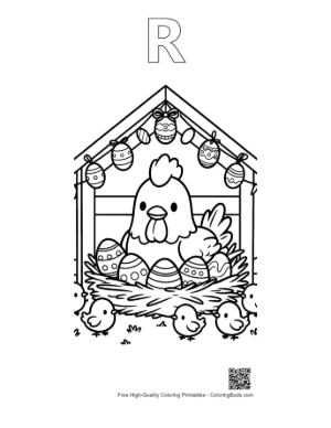 Thumbnail: Proud Hen in the Coop with Her Easter Egg Nest Printable Outline Alphabet R