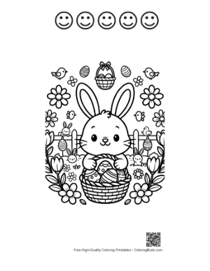 Thumbnail: Sweet Bunny Sitting in Flower Garden with Eggs Printable and 5 Happy Face Outline