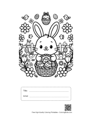 Thumbnail: Sweet Bunny Sitting in Flower Garden with Eggs Printable with Title and Artist Box