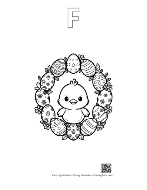 Thumbnail: Sweet Easter Chick Surrounded by a Floral Egg Ring Printable Outline Alphabet F