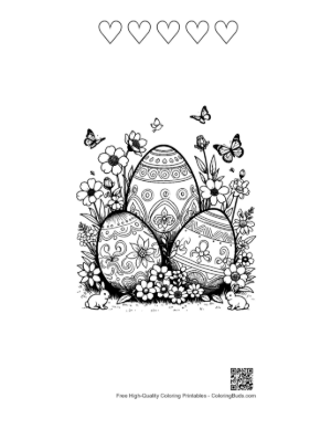 Thumbnail: Three Ornate Easter Eggs with Spring Flowers Printable and 5 Heart Outline