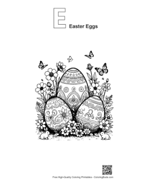 Thumbnail: Three Ornate Easter Eggs with Spring Flowers Printable Outline Alphabet E Easter Eggs