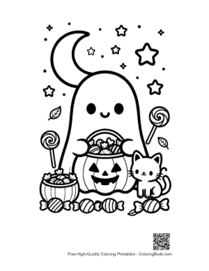 Thumbnail: Adorable Ghost Sitting with a Jack-o'-Lantern and Candy Spooky Coloring Sheet Printable