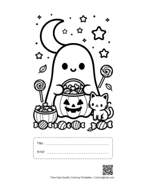 Thumbnail: Adorable Ghost Sitting with a Jack-o'-Lantern and Candy Spooky Coloring Sheet Printable with Title and Artist Box
