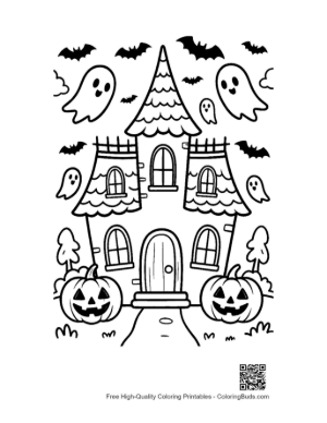 Thumbnail: Detailed Haunted House with Ghosts and a Moonlit Sky Gothic Coloring Sheet Printable