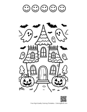Thumbnail: Detailed Haunted House with Ghosts and a Moonlit Sky Gothic Coloring Sheet Printable and 5 Happy Face Outline