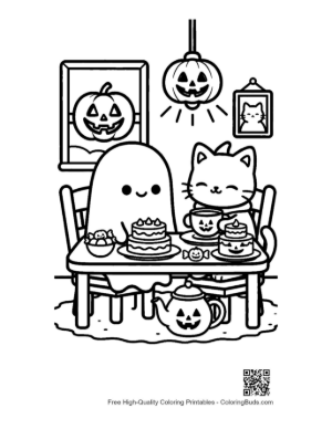 Thumbnail: Ghost and Cat Enjoying a Meal Together Indoors - Friendly Ghost Coloring Page Printable
