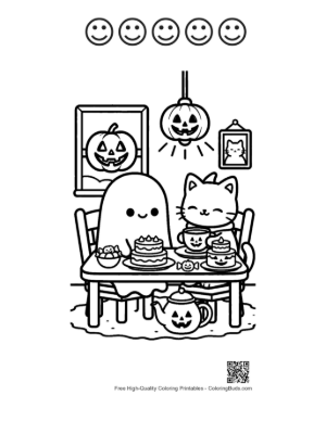 Thumbnail: Ghost and Cat Enjoying a Meal Together Indoors - Friendly Ghost Coloring Page Printable and 5 Happy Face Outline