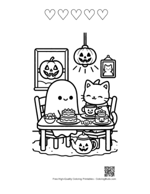 Thumbnail: Ghost and Cat Enjoying a Meal Together Indoors - Friendly Ghost Coloring Page Printable and 5 Heart Outline