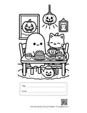 Thumbnail: Ghost and Cat Enjoying a Meal Together Indoors - Friendly Ghost Coloring Page Printable with Title and Artist Box