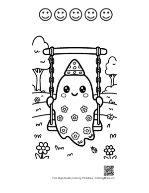 Thumbnail: Ghost with a Flower Pattern on a Swing Whimsical Halloween Coloring Page Printable and 5 Happy Face Outline