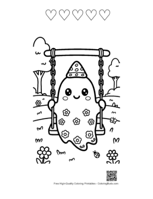 Thumbnail: Ghost with a Flower Pattern on a Swing Whimsical Halloween Coloring Page Printable and 5 Heart Outline