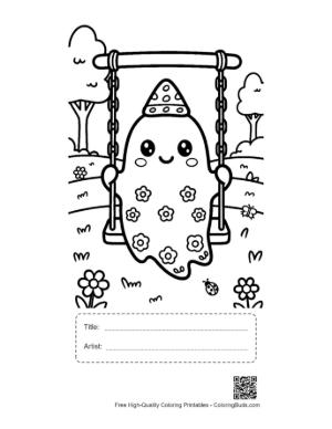 Thumbnail: Ghost with a Flower Pattern on a Swing Whimsical Halloween Coloring Page Printable with Title and Artist Box