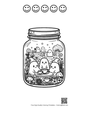 Thumbnail: Ghosts Having Fun Inside a Decorative Mason Jar Creative Halloween Coloring Printable and 5 Happy Face Outline