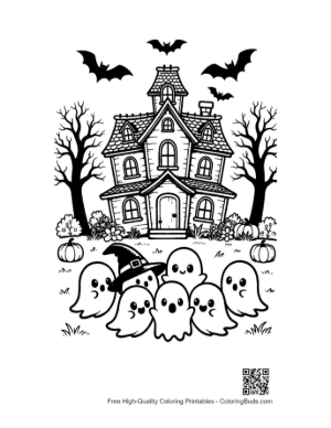 Thumbnail: Group of Tiny Ghosts Standing in Front of a Haunted House Cute Coloring Printable