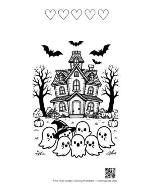 Thumbnail: Group of Tiny Ghosts Standing in Front of a Haunted House Cute Coloring Printable and 5 Heart Outline