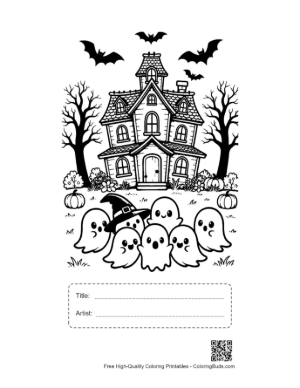 Thumbnail: Group of Tiny Ghosts Standing in Front of a Haunted House Cute Coloring Printable with Title and Artist Box