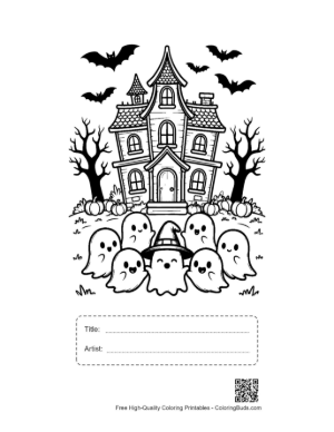Thumbnail: Little Ghosts Gathering Outside a Spooky Mansion Halloween Party Coloring Printable with Title and Artist Box