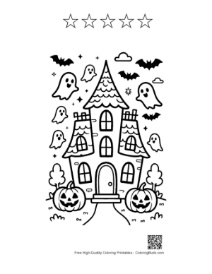 Thumbnail: Tall Haunted Mansion with Bats and Ghosts Flying Around Halloween Coloring Sheet Printable and 5 Star Outline