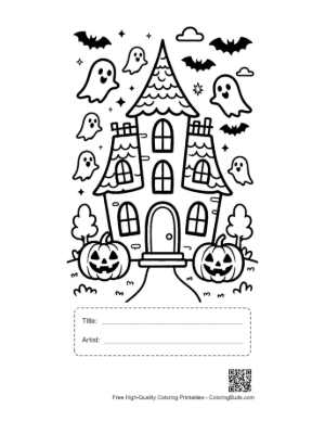 Thumbnail: Tall Haunted Mansion with Bats and Ghosts Flying Around Halloween Coloring Sheet Printable with Title and Artist Box