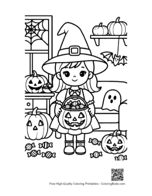 Thumbnail: Adorable Witch Girl Showing Her Carved Pumpkin Printable