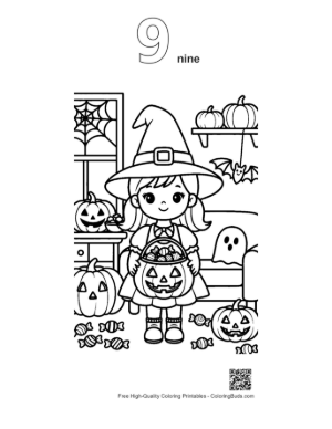 Thumbnail: Adorable Witch Girl Showing Her Carved Pumpkin Printable Outline Number 9