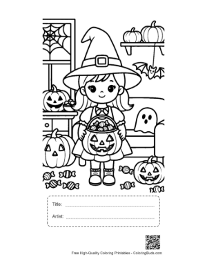 Thumbnail: Adorable Witch Girl Showing Her Carved Pumpkin Printable with Title and Artist Box