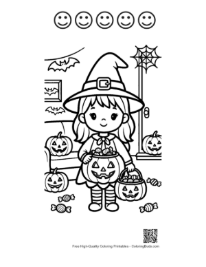 Thumbnail: Chibi Witch Holding a Smiling Jack-O-Lantern Bucket Printable and 5 Happy Face Outline