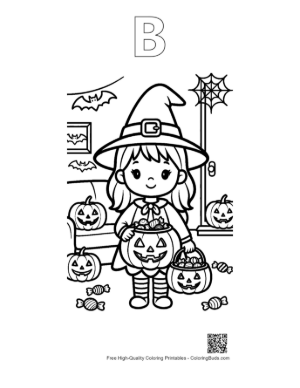 Thumbnail: Chibi Witch Holding a Smiling Jack-O-Lantern Bucket Printable Outline Alphabet B