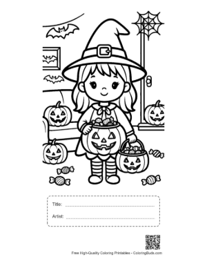 Thumbnail: Chibi Witch Holding a Smiling Jack-O-Lantern Bucket Printable with Title and Artist Box