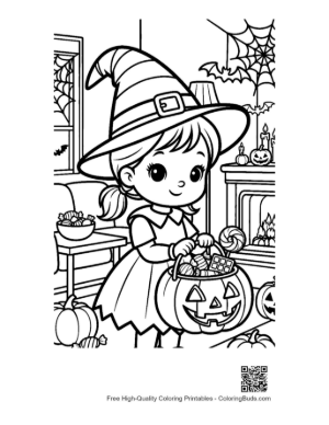 Thumbnail: Cute Witch Character Carrying a Pumpkin Candy Basket Printable