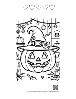 Thumbnail: Evil Grinning Jack-O-Lantern Wearing a Witch Hat Printable and 5 Heart Outline