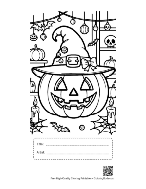 Thumbnail: Evil Grinning Jack-O-Lantern Wearing a Witch Hat Printable with Title and Artist Box