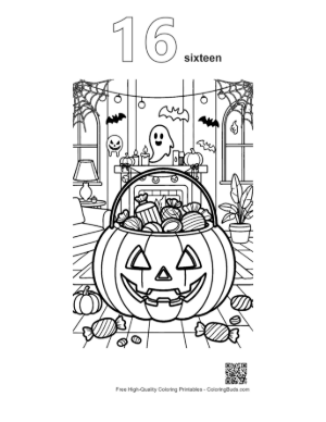 Thumbnail: Festive Halloween Pumpkin Bucket Loaded with Candies Printable Outline Number 16