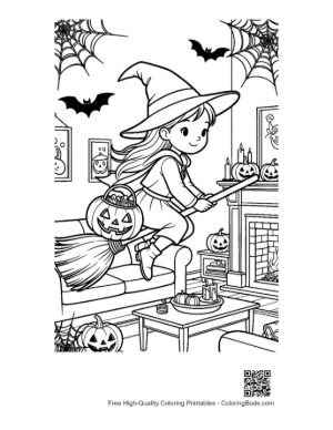 Thumbnail: Flying Halloween Witch Carrying a Glowing Pumpkin Printable