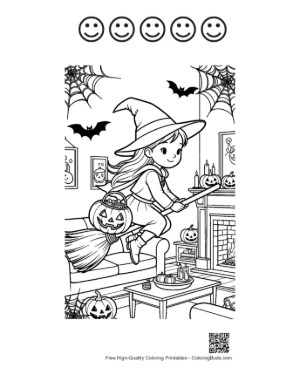 Thumbnail: Flying Halloween Witch Carrying a Glowing Pumpkin Printable and 5 Happy Face Outline
