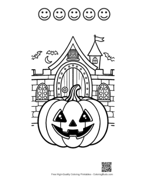 Thumbnail: Giant Pumpkin Lantern Guarding a Gothic Castle Gate Printable and 5 Happy Face Outline