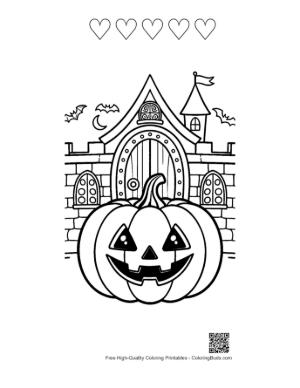 Thumbnail: Giant Pumpkin Lantern Guarding a Gothic Castle Gate Printable and 5 Heart Outline