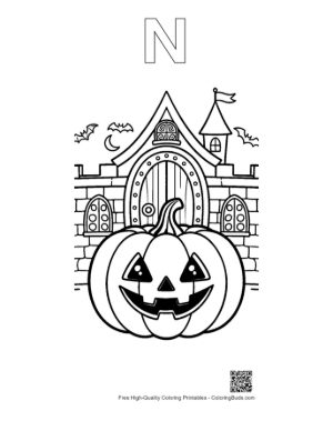 Thumbnail: Giant Pumpkin Lantern Guarding a Gothic Castle Gate Printable Outline Alphabet N