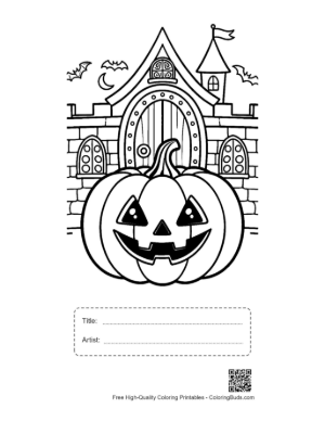 Thumbnail: Giant Pumpkin Lantern Guarding a Gothic Castle Gate Printable with Title and Artist Box