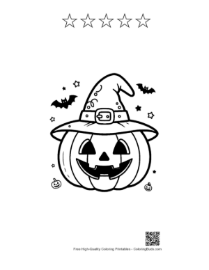 Thumbnail: Grinning Halloween Pumpkin with a Pointed Witch Hat Printable and 5 Star Outline