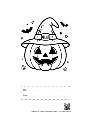 Thumbnail: Grinning Halloween Pumpkin with a Pointed Witch Hat Printable with Title and Artist Box