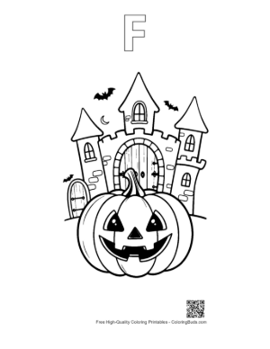 Thumbnail: Halloween Jack-O-Lantern Sitting Before a Spooky Mansion Printable Outline Alphabet F